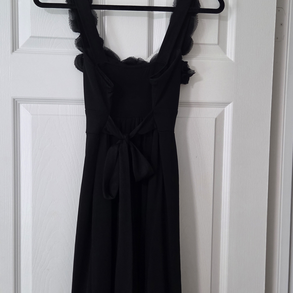 ROULETTE Y2K Black Midi Little Black Dress Rosette Neckline Tieback Bubble Hem.